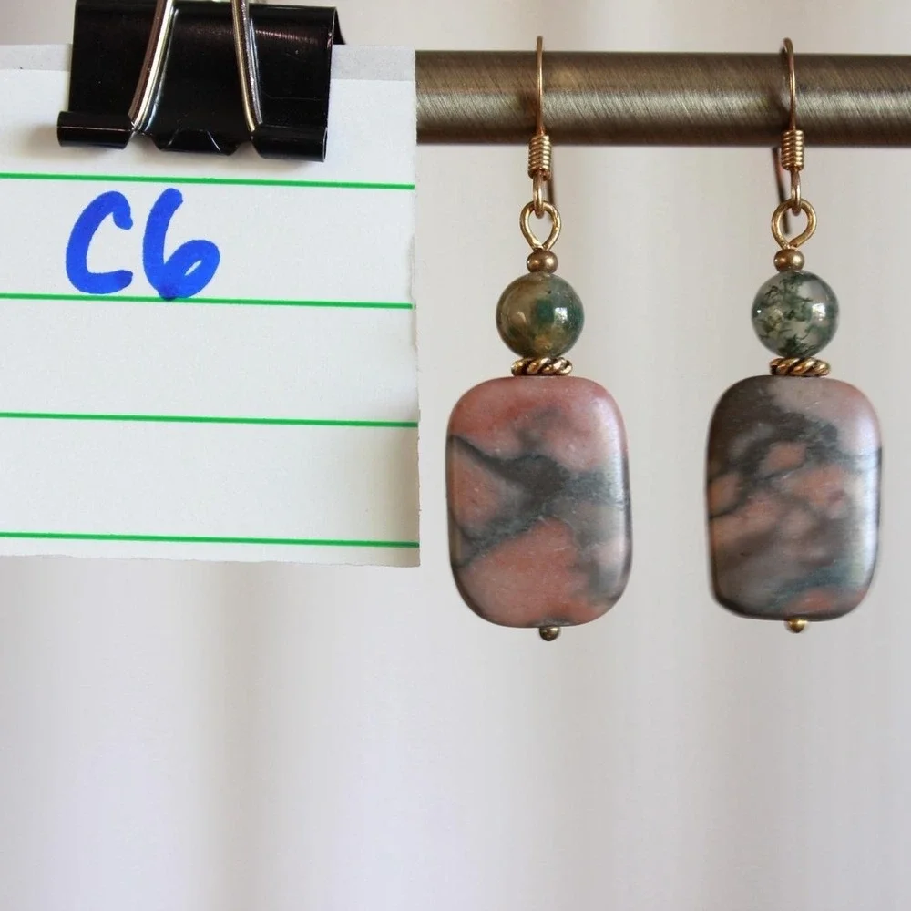 Handmade Rhodonite &‎ Moss Agate Dangle Drop Earrings Bohemian Fairy Cottagecore